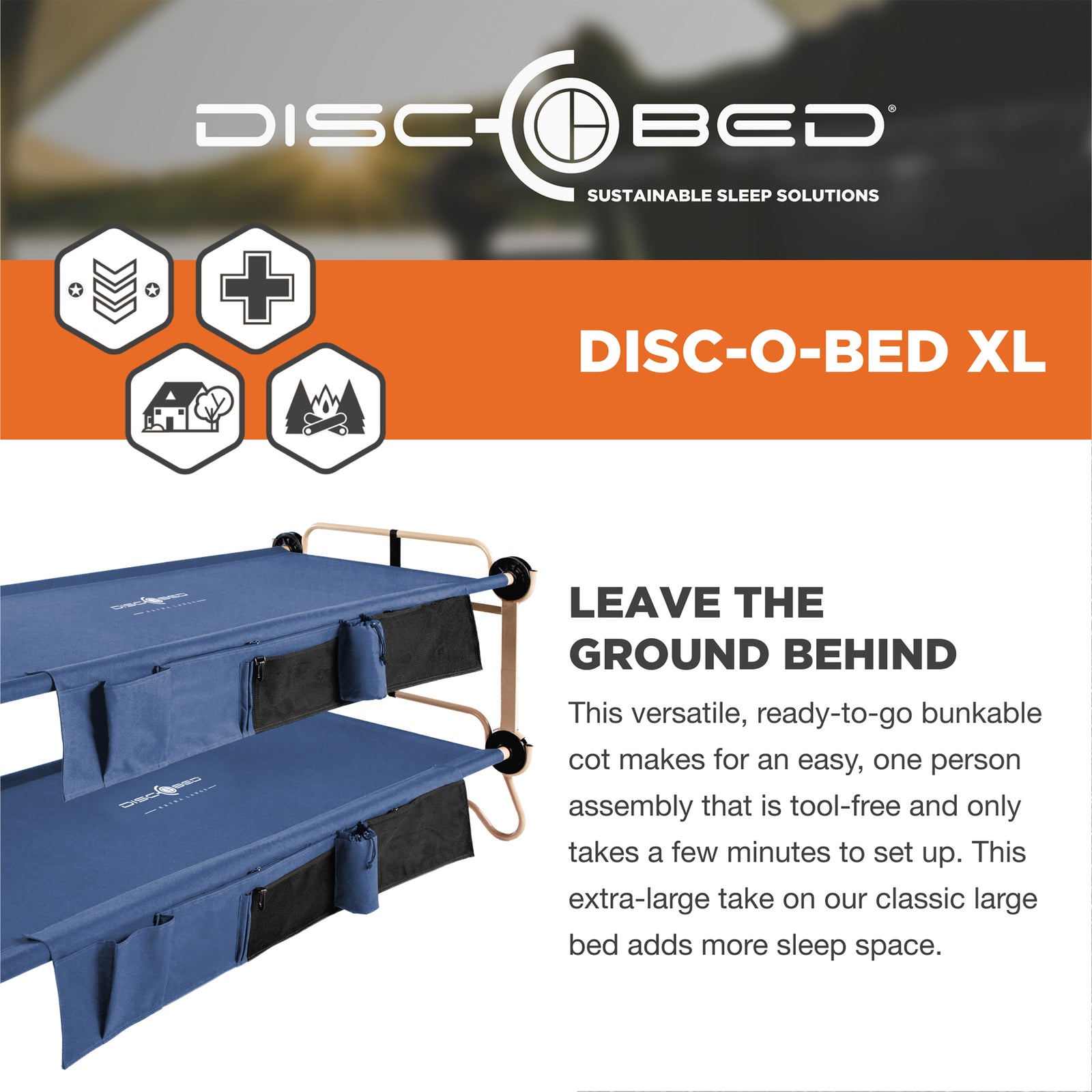 Disc-O-Bed XL Cam-O-Bunk Bunked Organizers Double Camping Cot, Navy Blue (Used) - VMInnovations