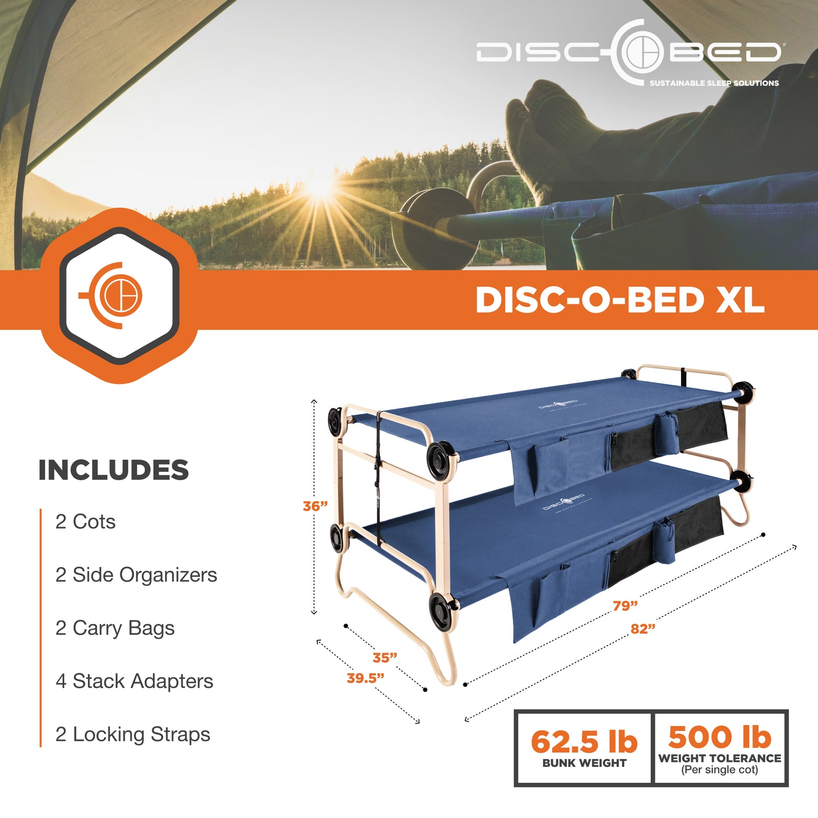 Disc-O-Bed X Large Cam-O-Bunk Benchable Double Cot with Storage Organizers, Navy - VMInnovations