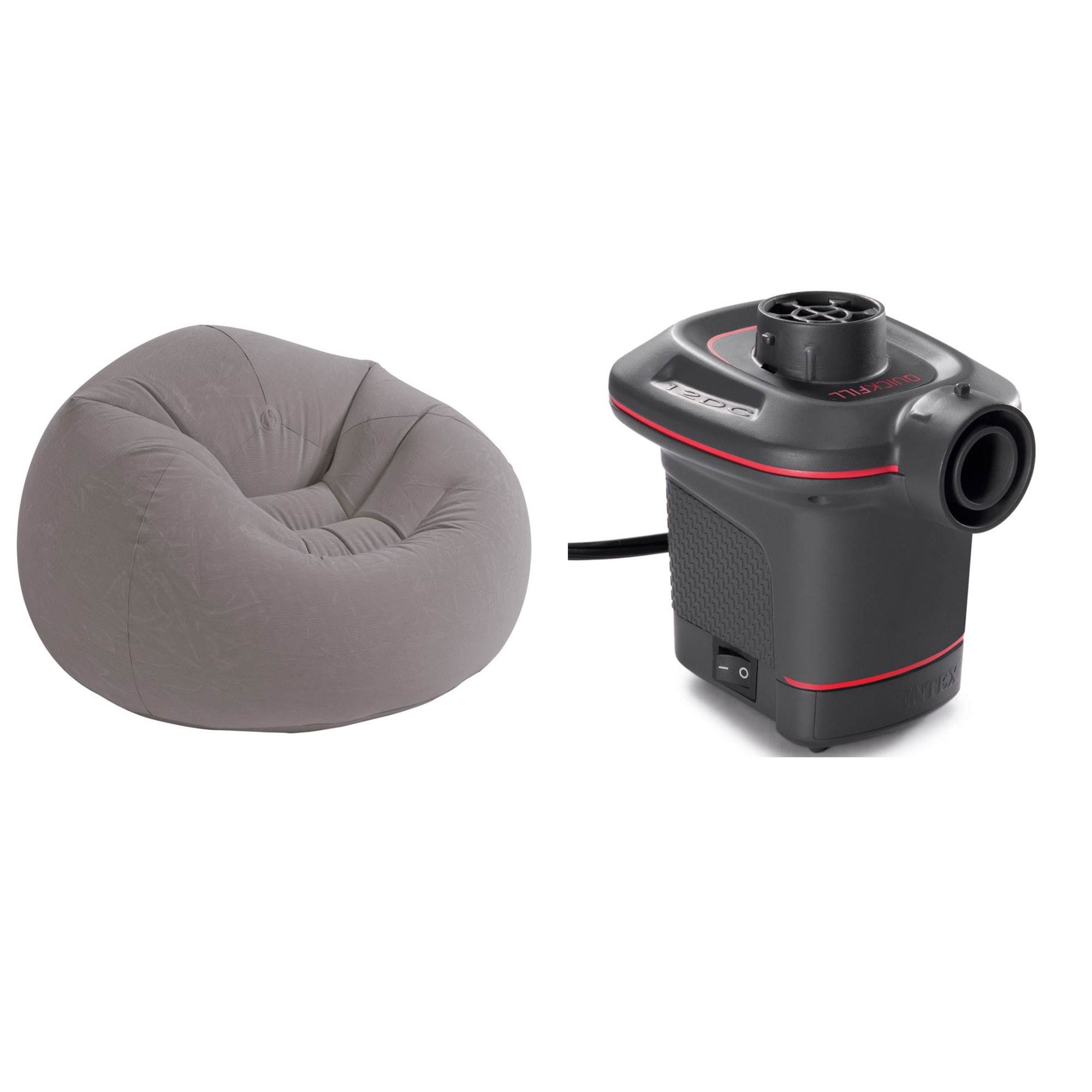 Intex Grey Inflatable Beanless Bag Chair and 12V Quick-Fill Electric Air Pump