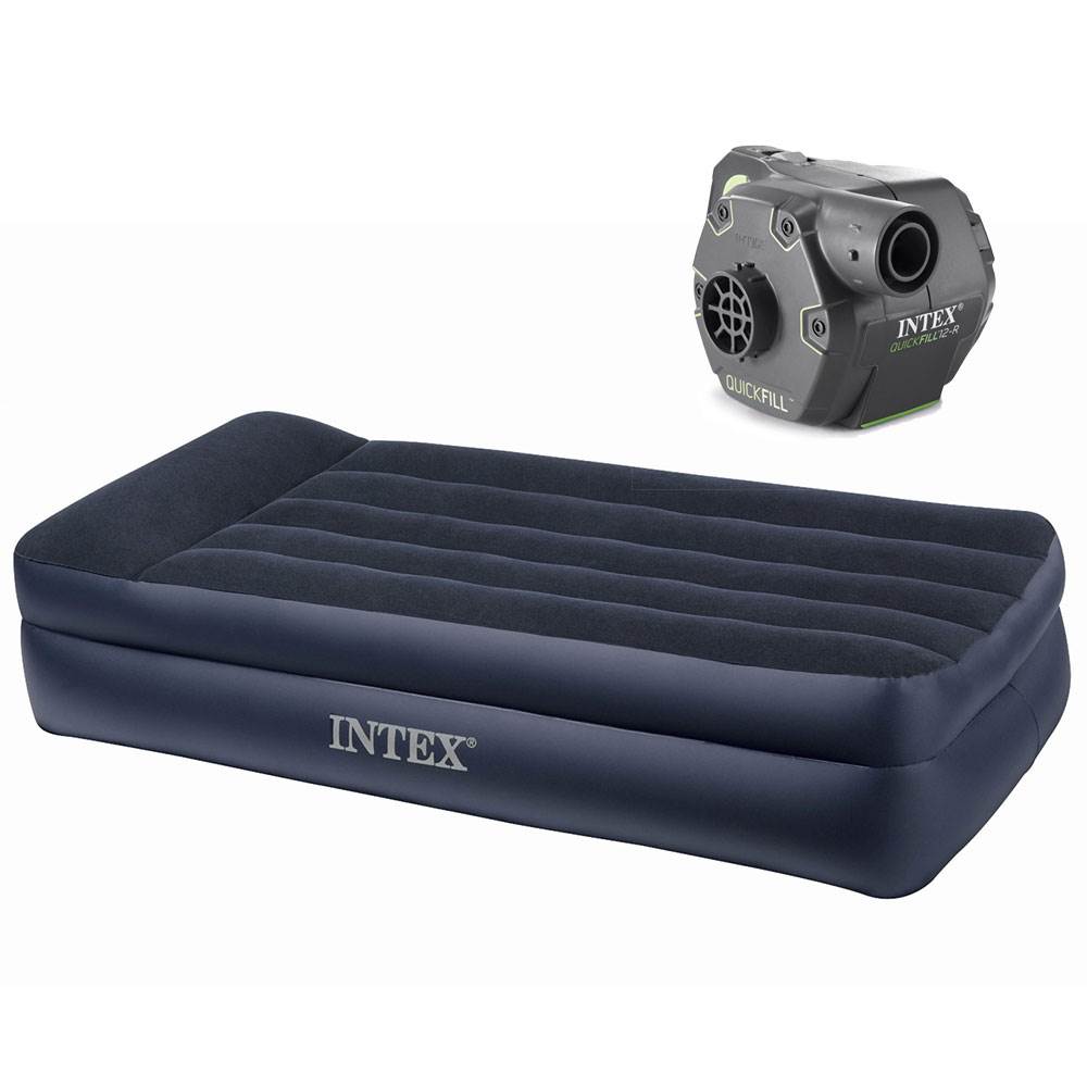 Intex Pillow Rest Twin Raised Airbed Mattress and Cordless Electric Air Pump