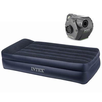 Intex Pillow Rest Twin Raised Airbed Mattress and Cordless Electric Air Pump