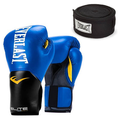 Everlast Blue Elite Pro Style Boxing Gloves 12 ounce & Black 120 Inch Hand Wraps