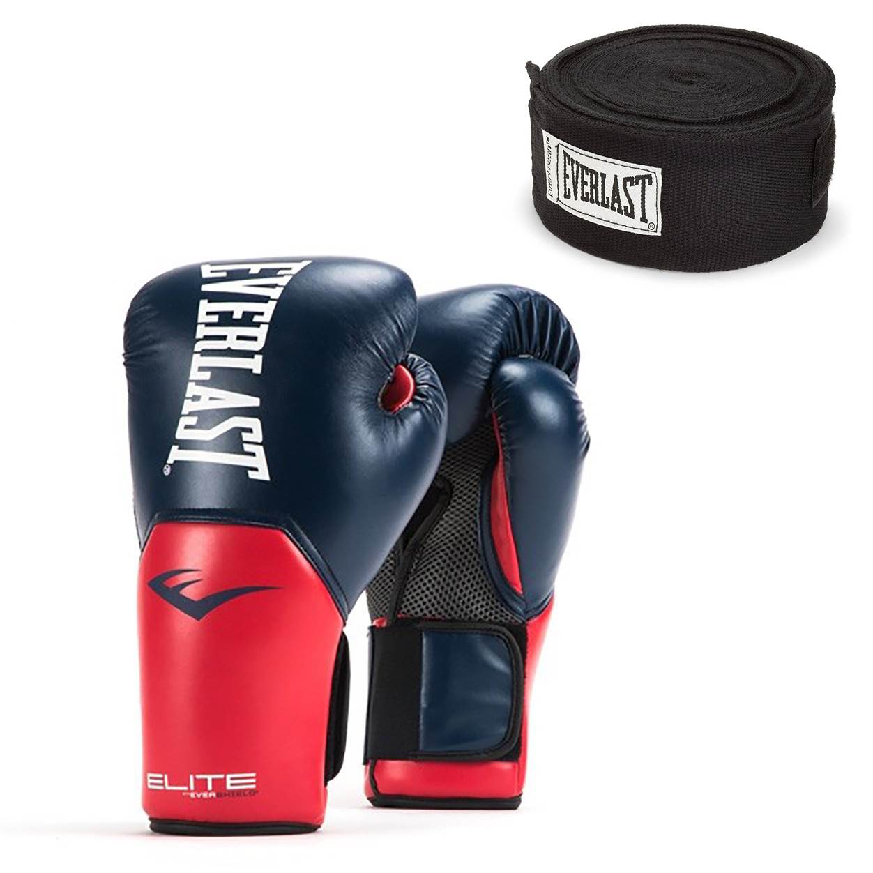 Everlast Navy/Red Elite Pro Boxing Gloves 14 ounce & Black 120 Inch Hand Wraps