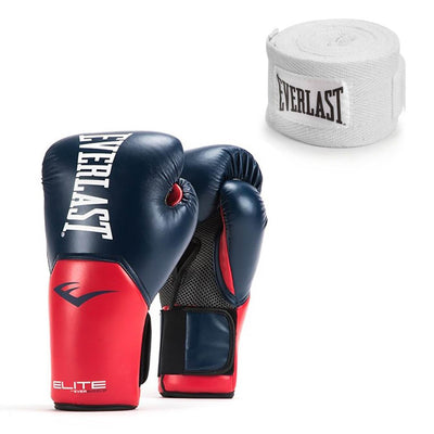 Everlast Navy/Red Elite Pro Style Boxing Gloves 16 Ounce & 120-Inch Hand Wraps