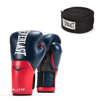 Everlast Navy/Red Elite Pro Boxing Gloves 16 ounce & Black 120 Inch Hand Wraps