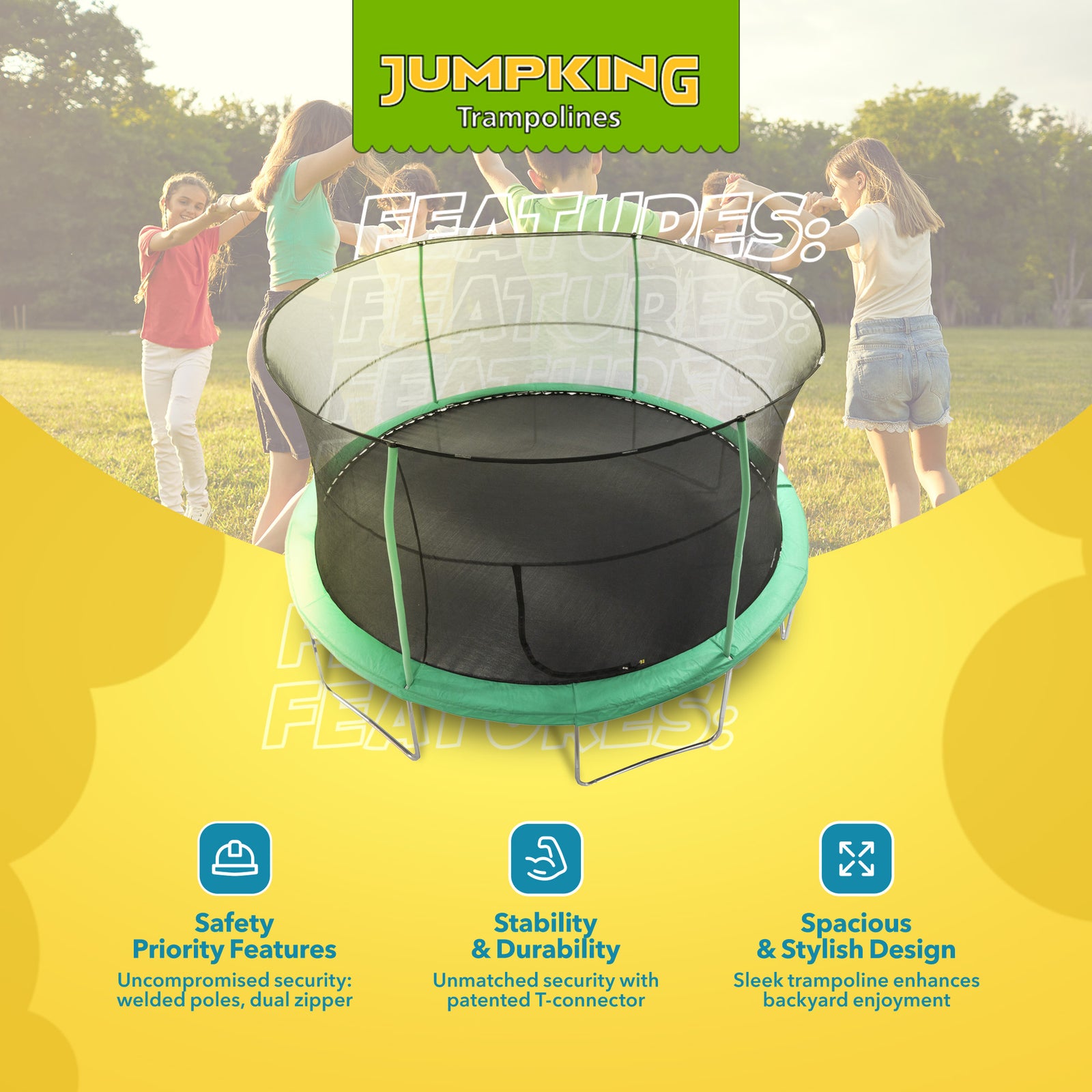 JumpKing JK1418C2 14 Foot Padded Enclosed Round Trampoline with G3 Poles, Green - VMInnovations