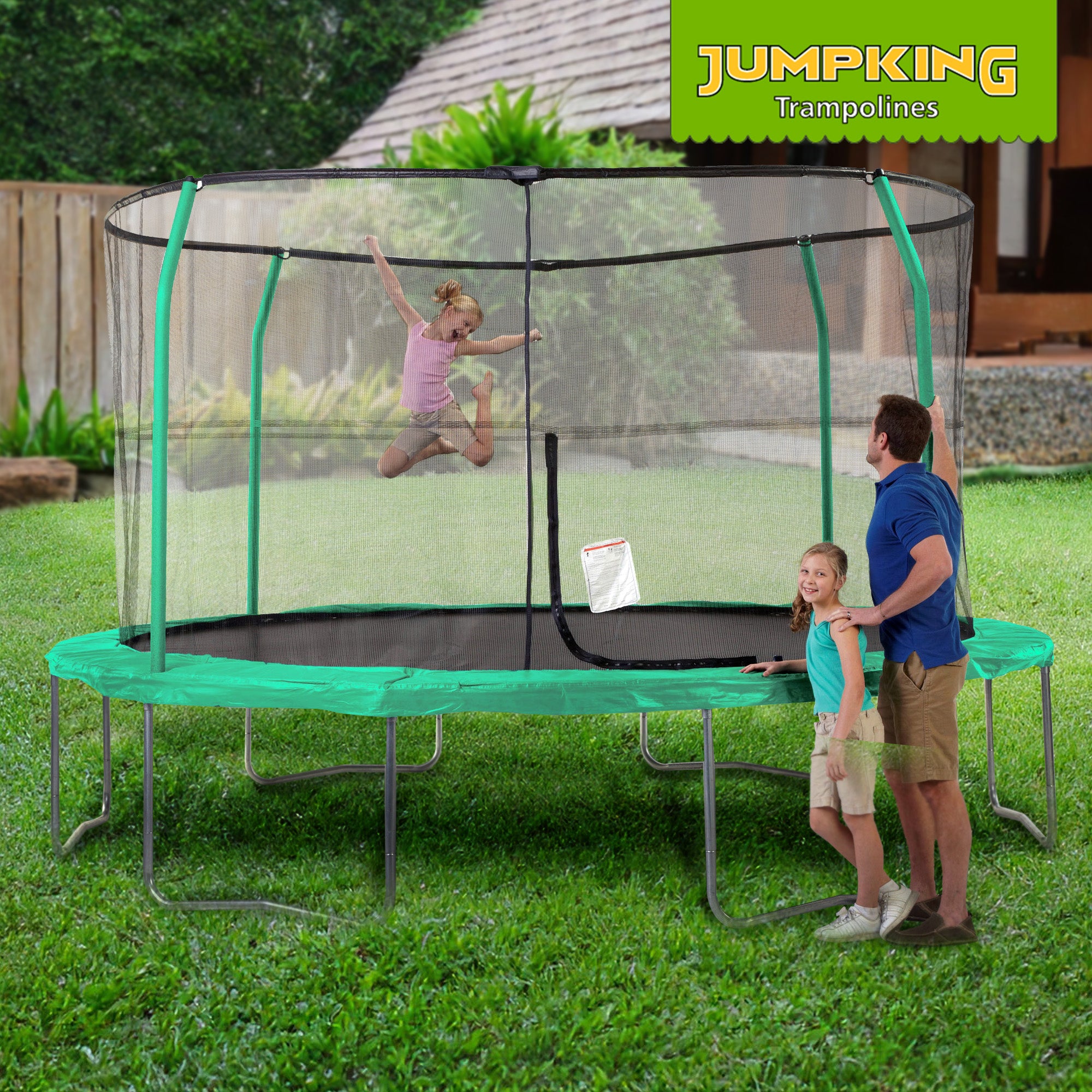 JumpKing JK1418C2 14 Foot Padded Enclosed Round Trampoline with G3 Poles, Green - VMInnovations