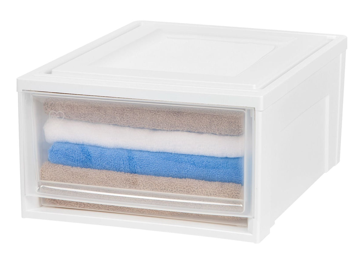 IRIS 30 Quart Medium Stackable Plastic Storage Chest Drawer Bin, White (3 Pack)