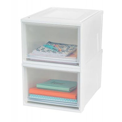 IRIS USA 43 Quart Deep Box Stackable Plastic Storage Chest Drawer, White, 3 Pack