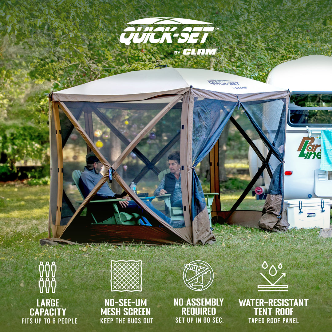 Clam PortableCanopy Shelter, Brown w/ Clam Quick Set Wind & Sun Panels (3 Pack) - VMInnovations