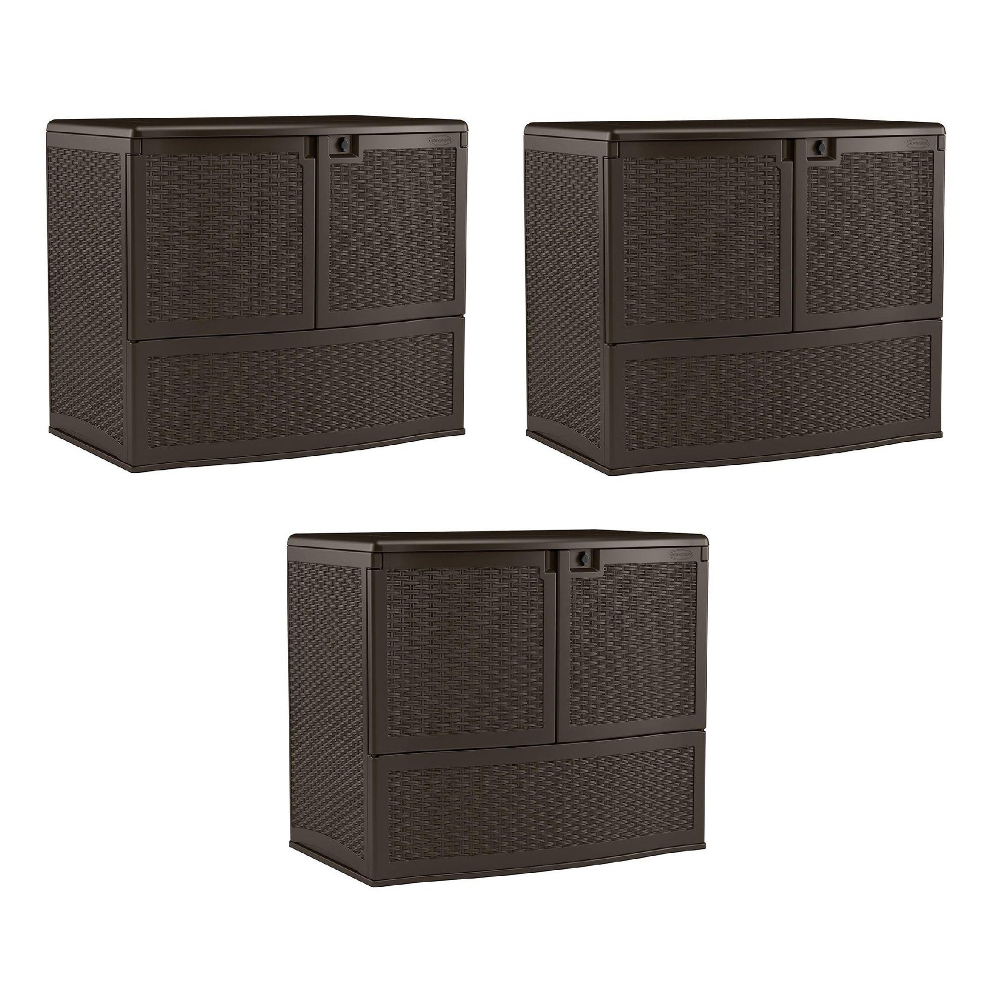 Suncast 195 Gal Resin Wicker Patio Storage & Entertaining Station, Java (3 Pack)