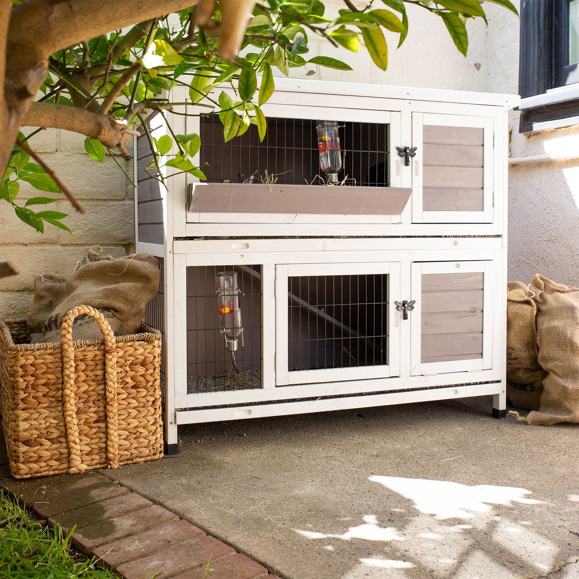 Indoor Outdoor Pet Bunny Hutch House Cage for Rabbits and Guinea Pigs, White (Refurbished)