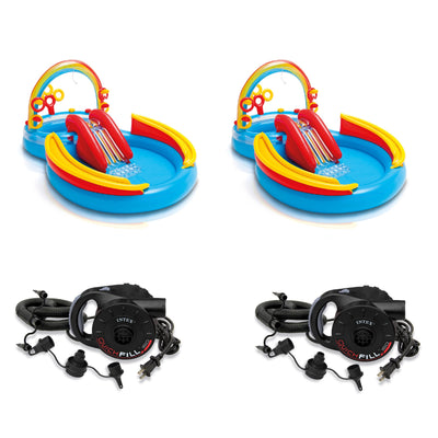 Intex Rainbow Ring Kiddie Pool with Slide (2 Pack) and 120V Air Pump (2 Pack) - VMInnovations