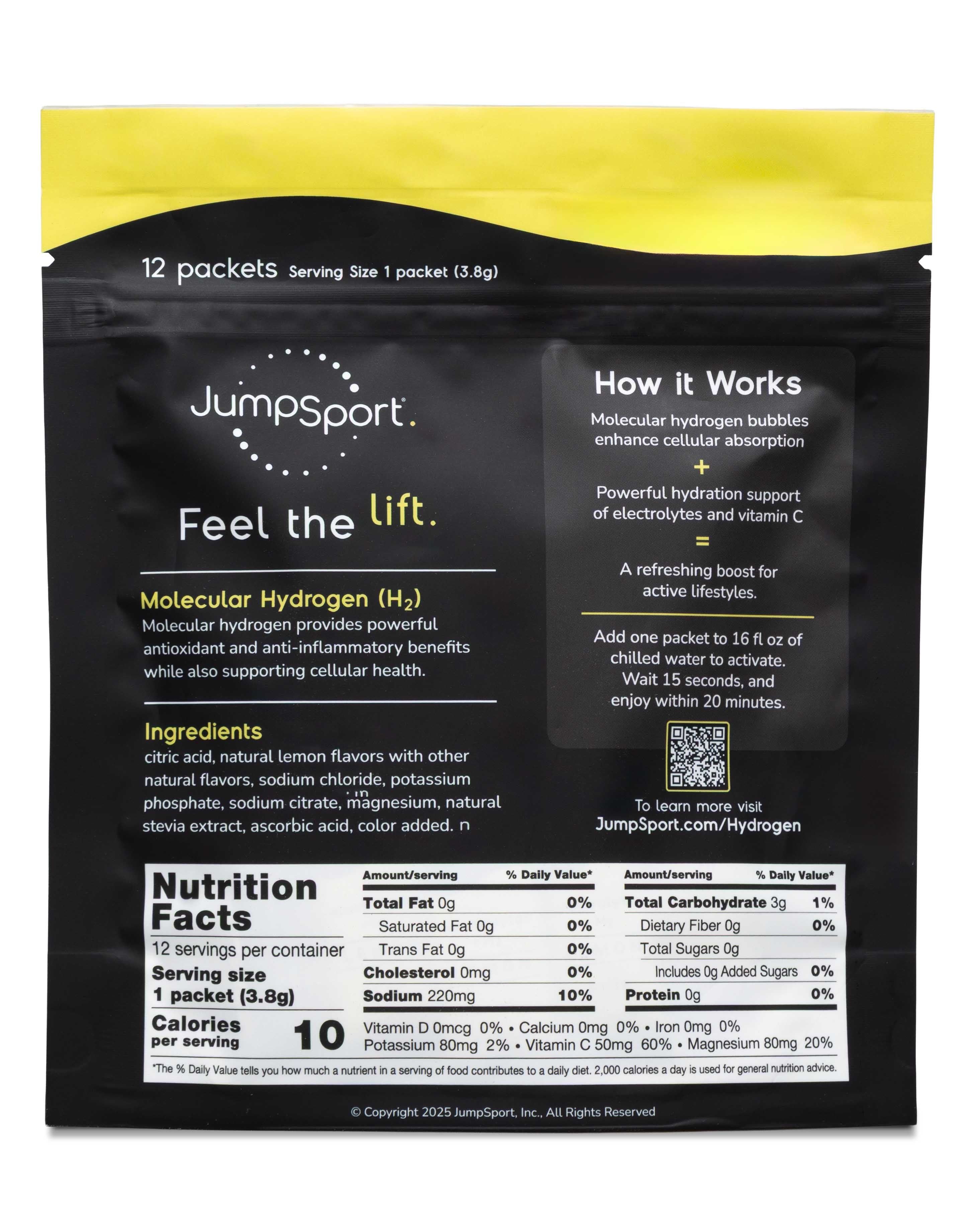 JumpSport 12 Pack Liquid Hydrogen + Electrolyte Zero Sugar Drink Mix, Lemon