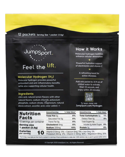 JumpSport 12 Pack Liquid Hydrogen + Electrolyte Zero Sugar Drink Mix, Lemon