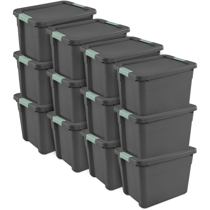 Sterilite 12Pk Latch Tote, Stackable Plastic Storage Container, 12Gal,Gray/Green