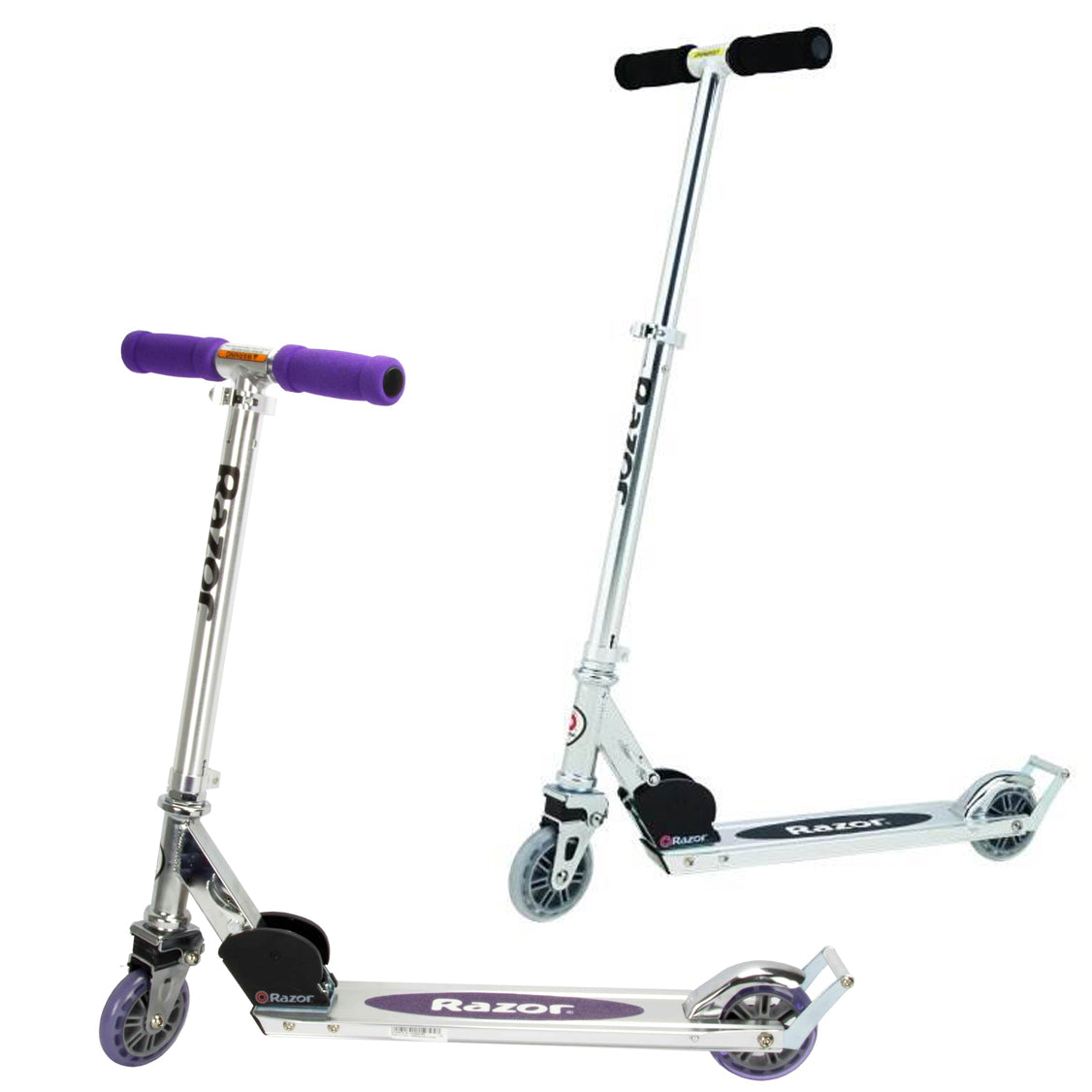 Razor A2 Kids Folding Kick Push Scooter with Wheelie Bar, 1 Purple & 1 Silver
