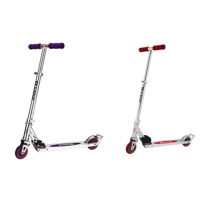 Razor A2 Kids Folding Kick Push Scooter with Wheelie Bar, 1 Purple & 1 Red