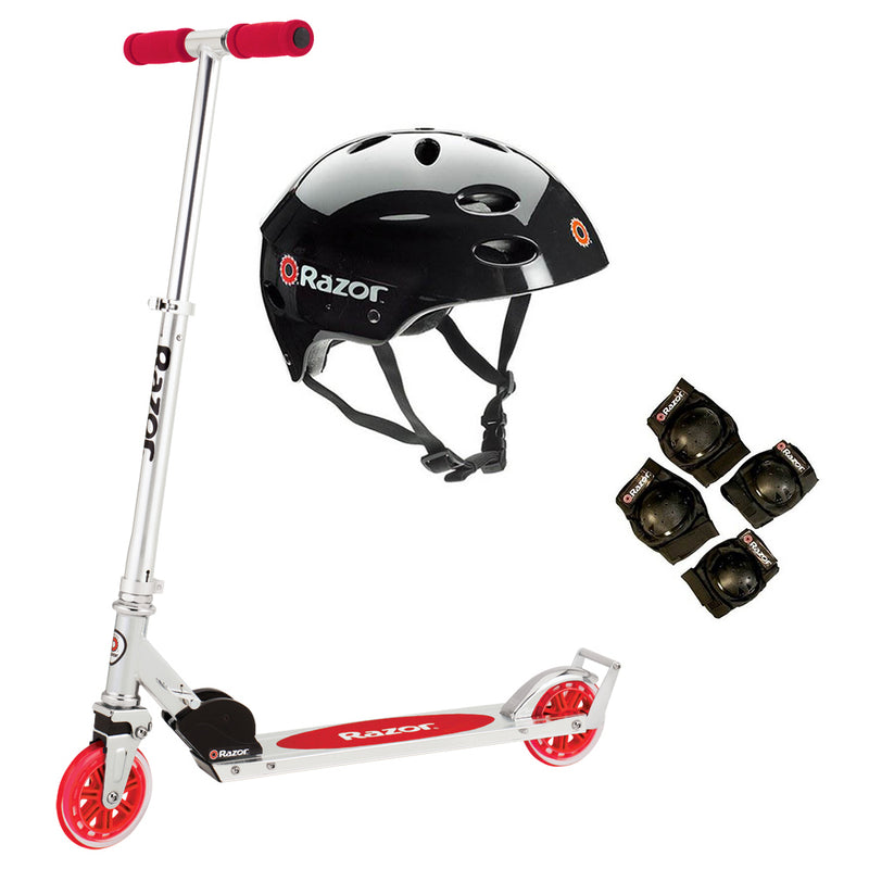 Razor A3 Folding Portable Kick Push Scooter with Helmet, Elbow & Knee Pads, Red