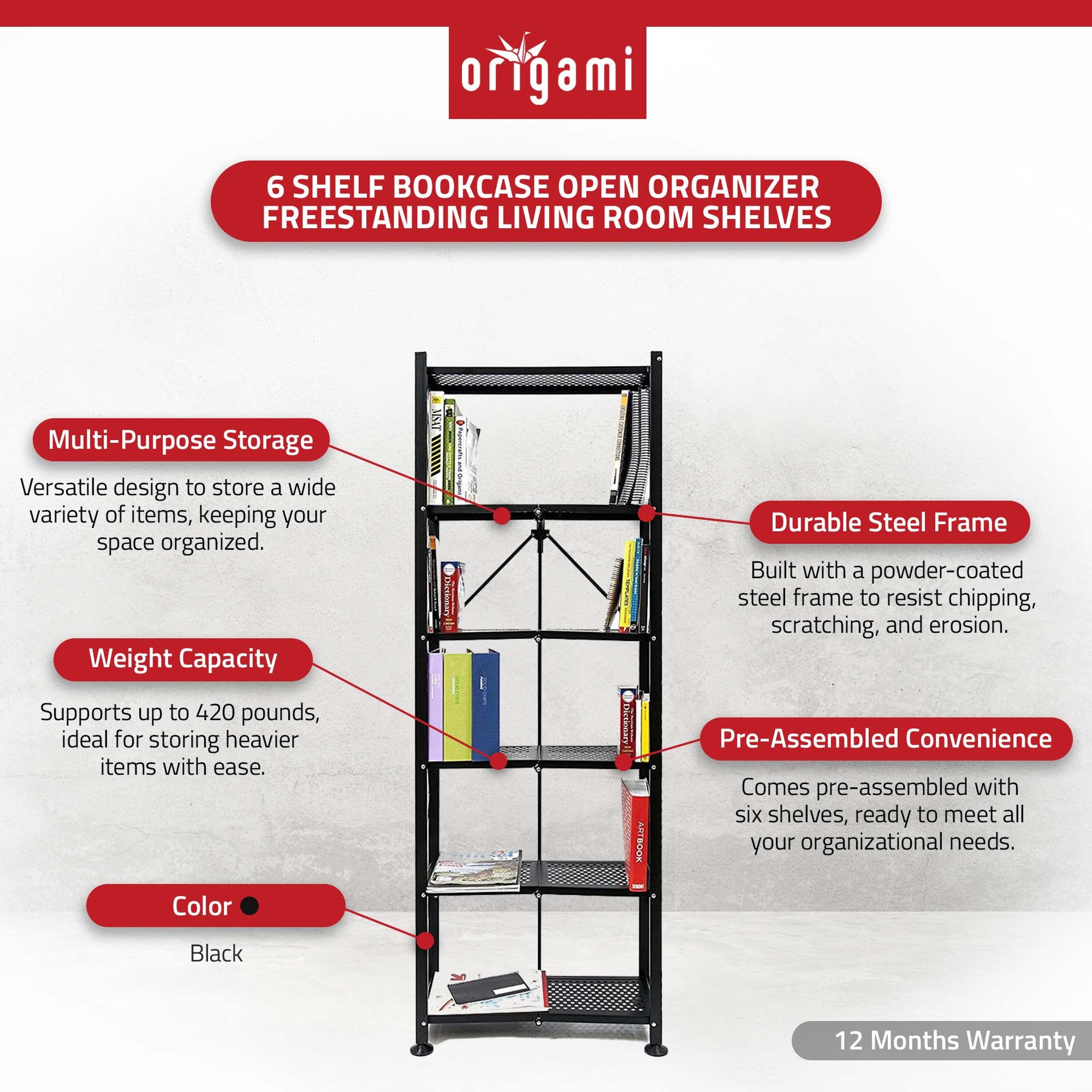 Origami 6 Shelf Bookcase Open Organizer Freestanding Living Room Shelves, Black - VMInnovations