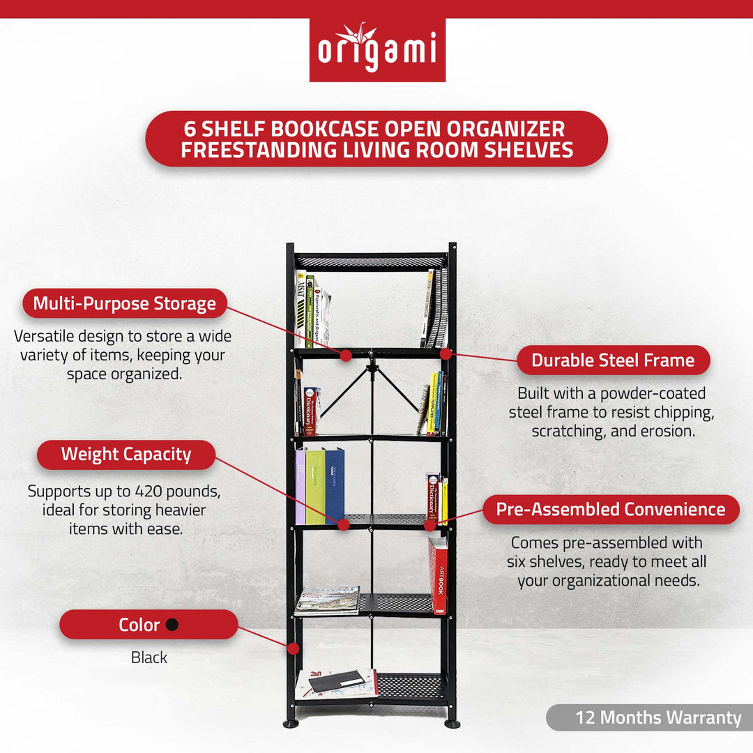 Origami 2 Pack 6 Shelf Bookcase Open Organizer Freestanding Rack Shelves, Black - VMInnovations
