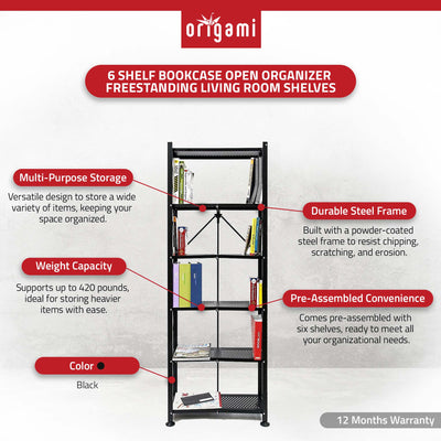 Origami 4 Pack 6 Shelf Bookcase Open Organizer Freestanding Rack Shelves, Black