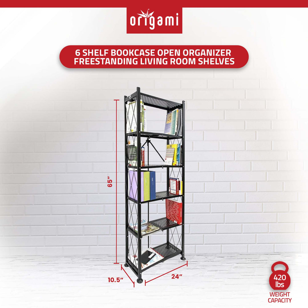 Origami 2 Pack 6 Shelf Bookcase Open Organizer Freestanding Rack Shelves, Black - VMInnovations