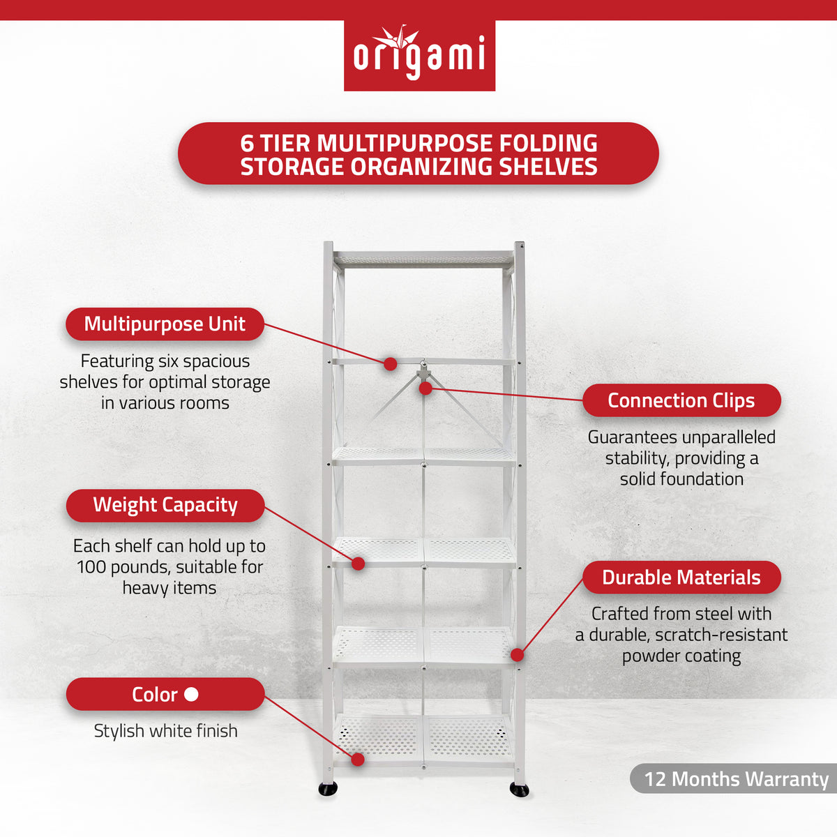 Origami 6-Shelf Open Styled Home Deco Rack Bookshelf, White (Open Box)