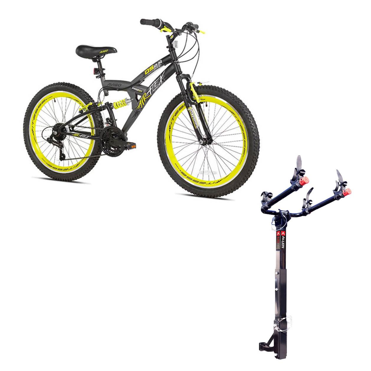 Kent Bikes Avigo Air Flex Steel 24 Inch Boys BMX Bike & 2 Bike Free Hitch Rack
