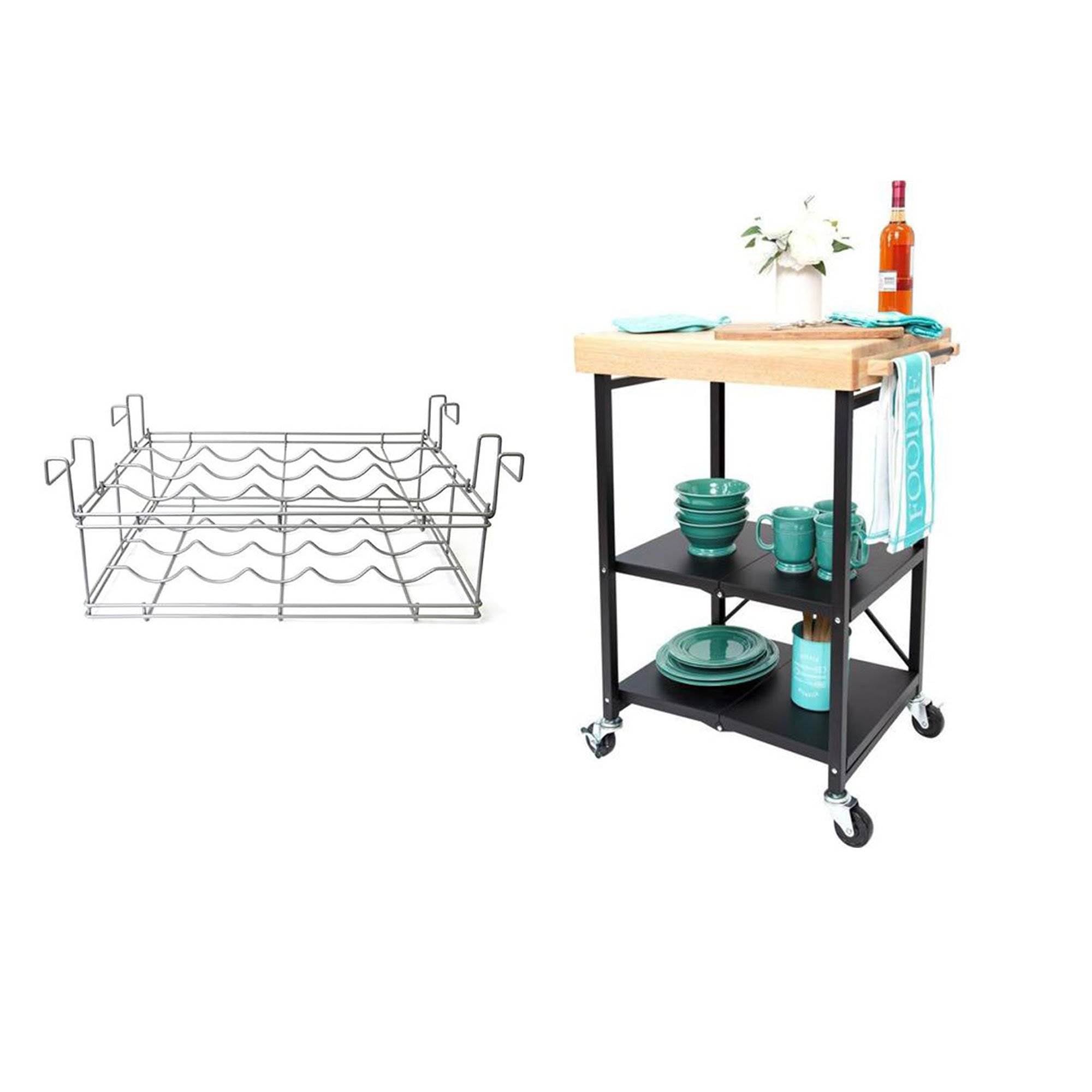 Origami Wheeled Kitchen Island Bar Cart with Double Wine-Rack Bottle Holder - VMInnovations