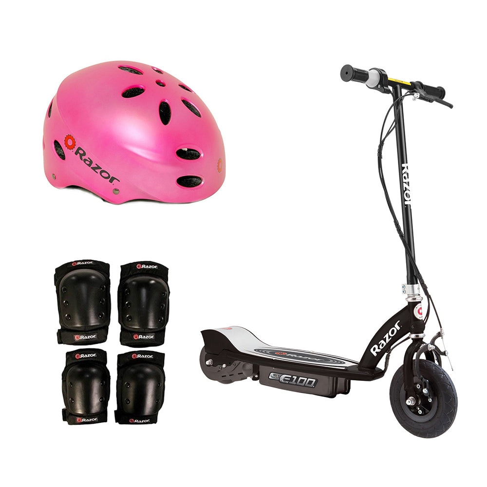 Razor E100 Motorized Black Electric Scooter w/ Pink Helmet & Deluxe Safety Set