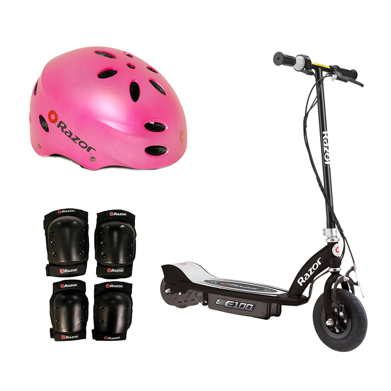 Razor E100 Rechargeable Black Electric Scooter w/ Pink Helmet & Safety Pro Set