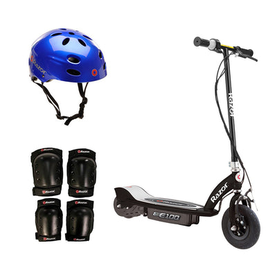 Razor E100 Motorized Black Electric Scooter w/ Blue Helmet & Deluxe Safety Set