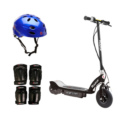 Razor E100 Rechargeable Black Electric Scooter w/ Blue Helmet & Safety Pro Set