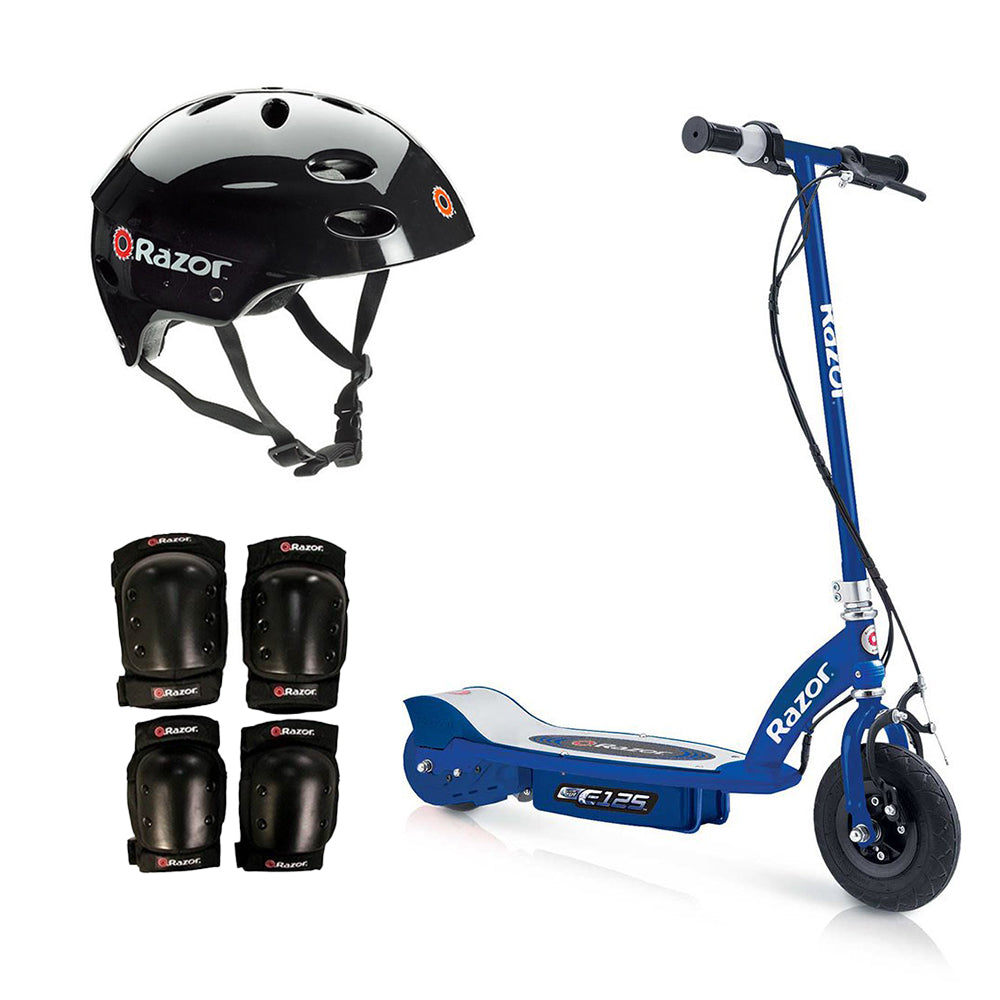 Razor Motorized Rechargeable Blue Electric Scooter w/ Black Helmet & Safety Set