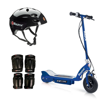 Razor Motorized Rechargeable Blue Electric Scooter w/Black Helmet and Safety Set