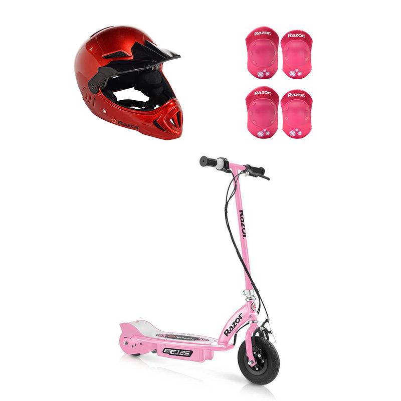 Razor E125 Electric Rechargeable Scooter + Bicycle Helmet + Elbow & Knee Pad Set