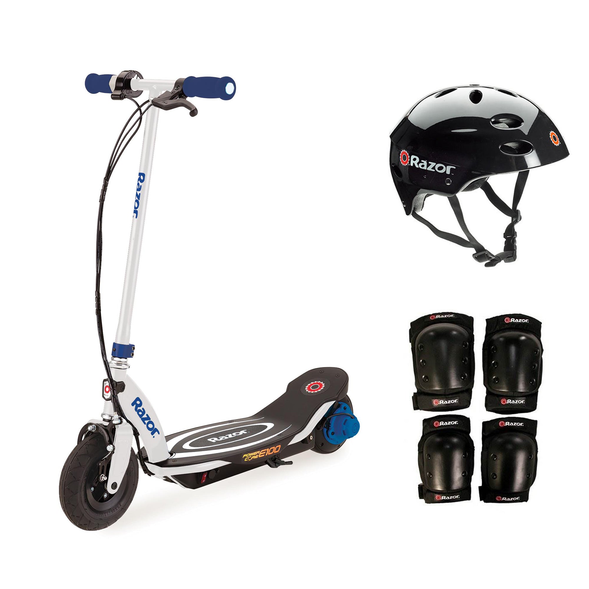 Razor Power Core E100 Kids Ride On Electric Motor Scooter w/ Helmet & Pads, Blue