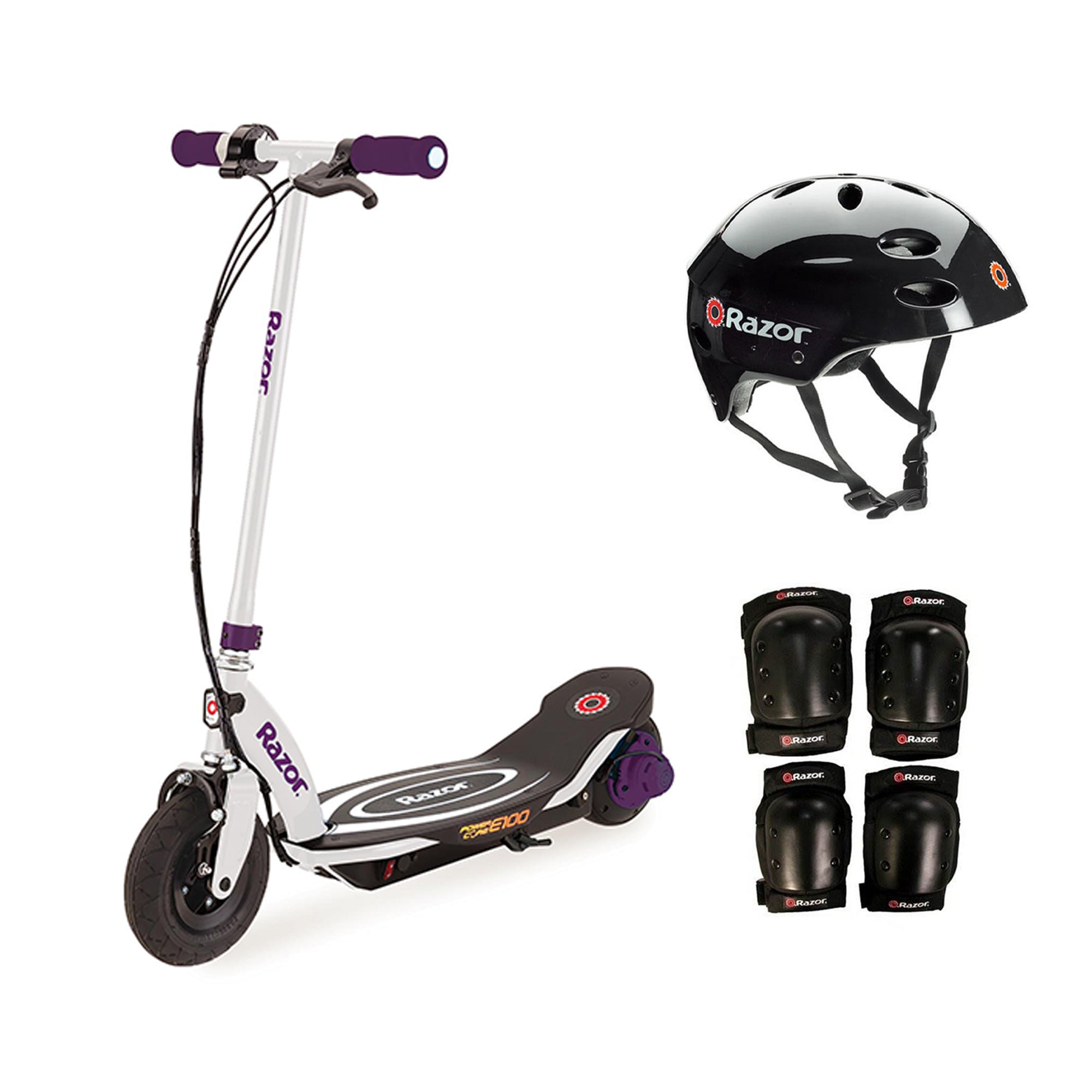 Razor E100 Electric Motorized Scooter, With Child Helmet, Elbow & Knee Pad Set