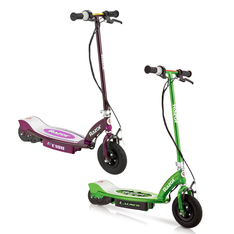 Razor E100 Kids 24V Electric Powered Ride On Scooter, Green & Purple (2 Pack)