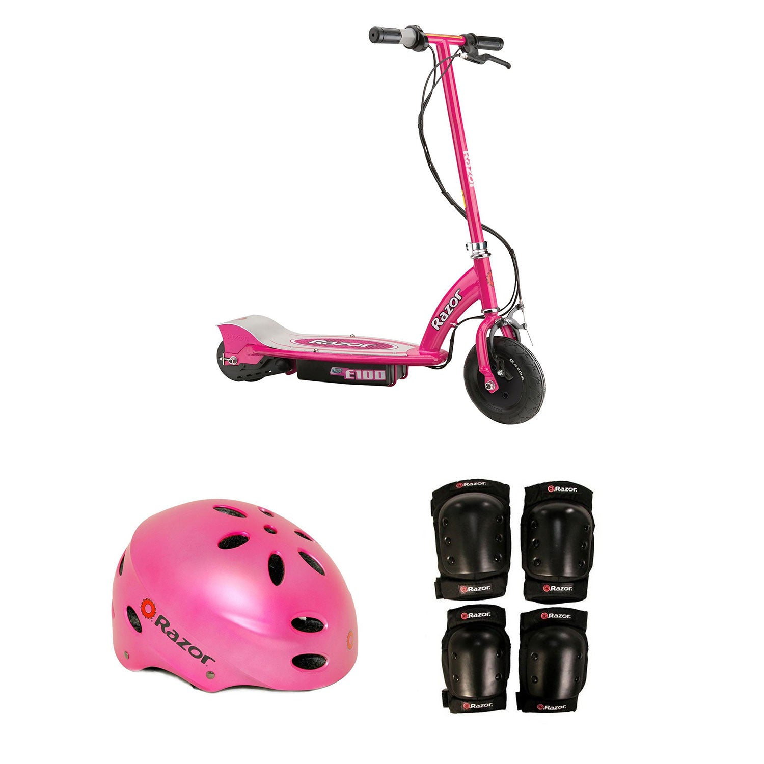 Razor Electric Power Kids Scooter, Pink & Youth Sport Helmet & Elbow & Knee Pads - VMInnovations