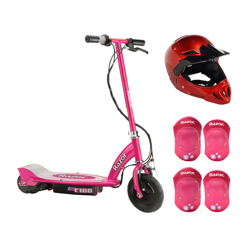 Razor E100 24V Electric Ride On Scooter, Pink with Red Helmet & Elbow/Knee Pads
