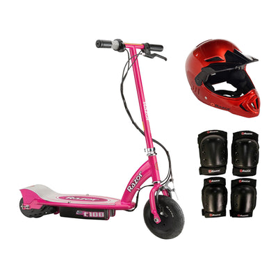 Razor E100 Pink 24V Electric Ride On Scooter w/ Red Helmet & Red Elbow/Knee Pads