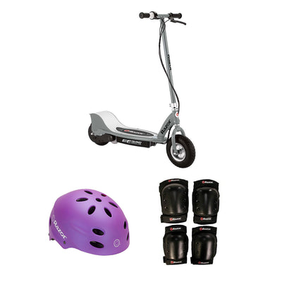 Razor Electric Kids Scooter, Silver + Youth Sport Helmet + Elbow & Knee Pads