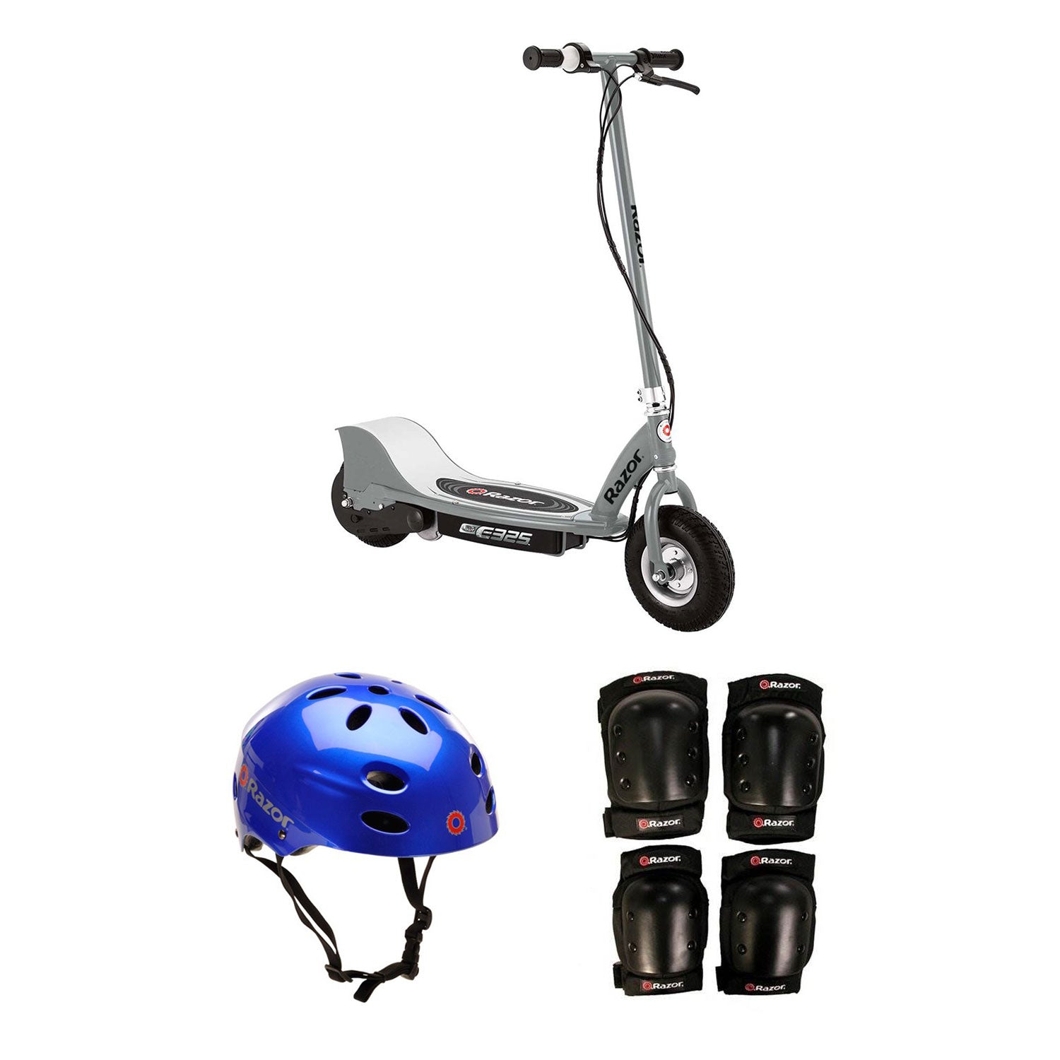 Razor Electric Kids Scooter, Silver + Youth Sport Helmet + Elbow & Knee Pads