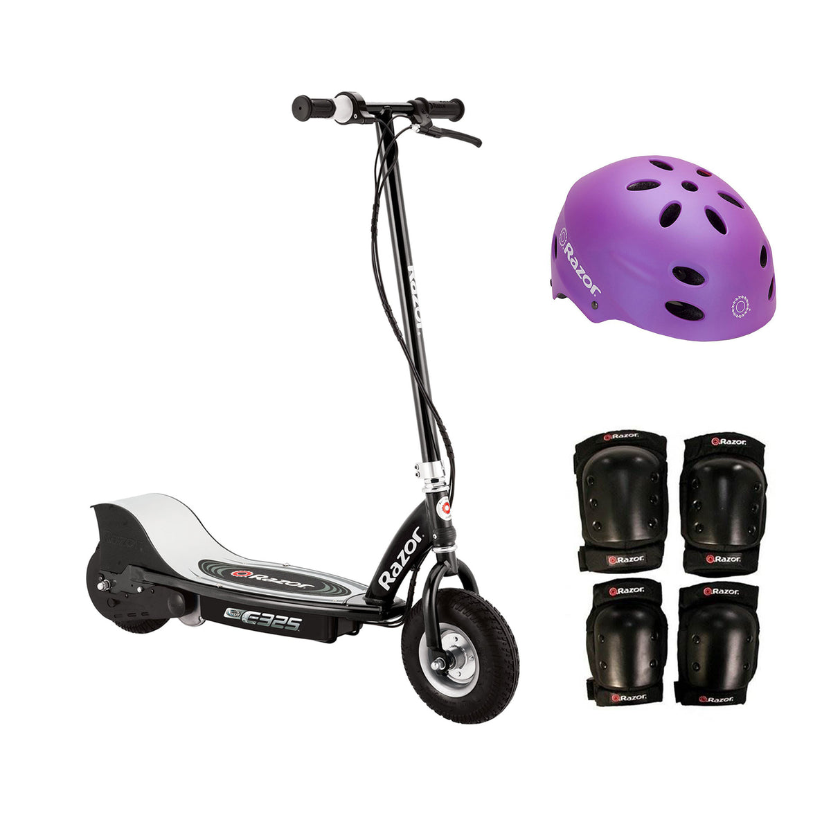 Razor E325 Electric Motorized Scooter, With Youth Helmet, Elbow & Knee Pad Set