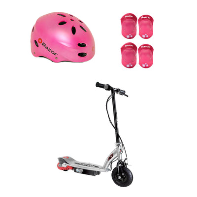 Razor E125 Electric Rechargeable Scooter + Bicycle Helmet + Elbow & Knee Pad Set
