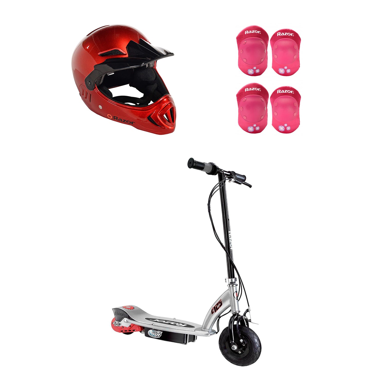Razor E125 Electric Rechargeable Scooter + Bicycle Helmet + Elbow & Knee Pad Set