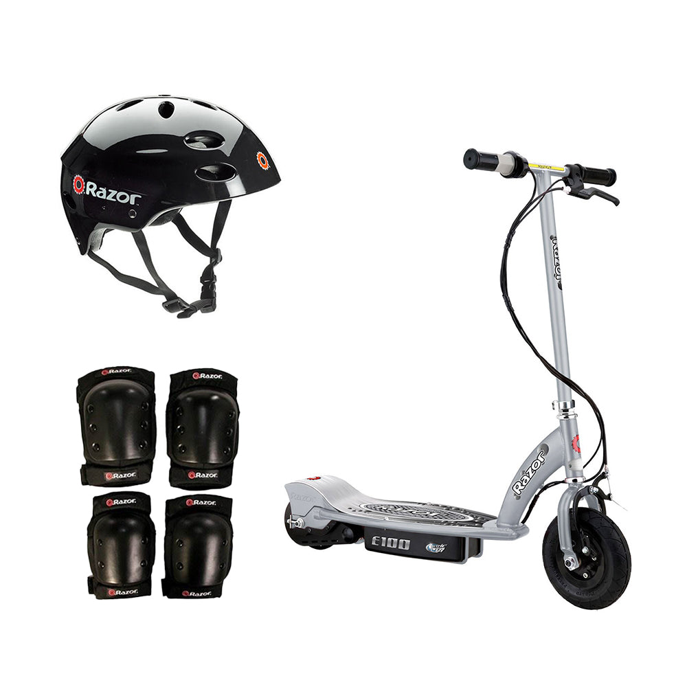 Razor E100 Motorized Silver Electric Scooter w/ Black Helmet & Deluxe Safety Set