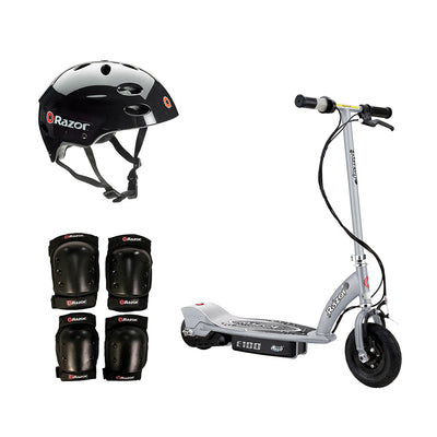 Razor E100 Motorized Silver Electric Scooter w/ Black Helmet & Deluxe Safety Set